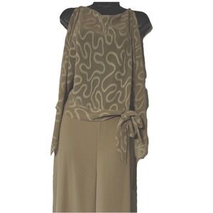 Frank Lyman Two-Piece Trouser Suit Tan Women's Size 10 Peek A Boo Sheer Sleeves